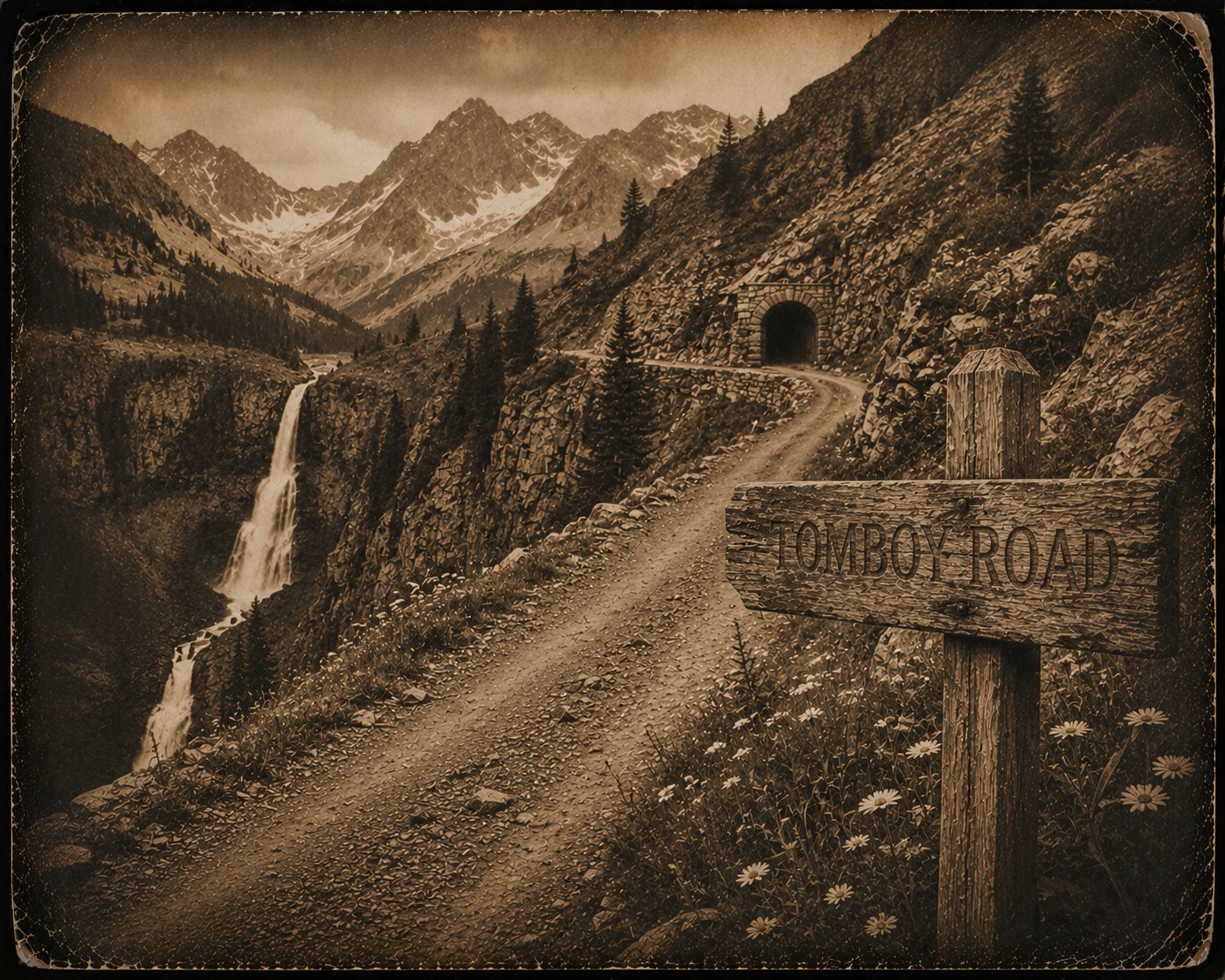 Tomboy Road sign to Tomboy Mine, elevation 11,509 feet, with the Social Tunnel and waterfall