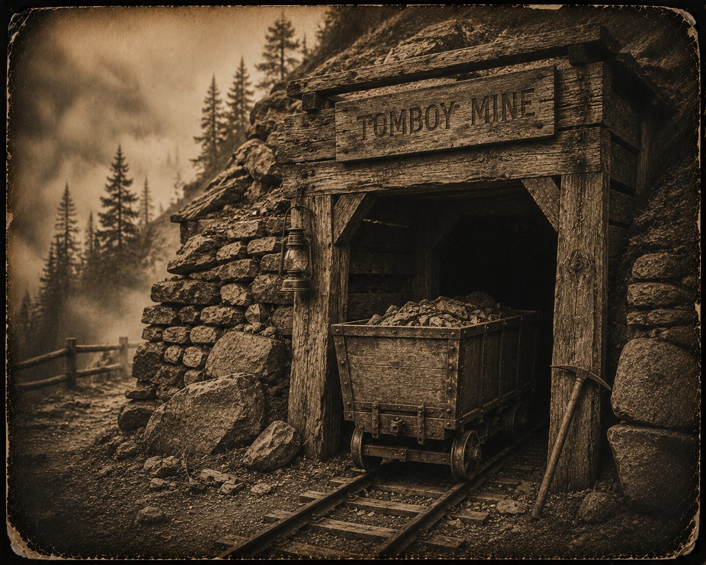 Tomboy Mine tunnel entrance sign, vintage photograph