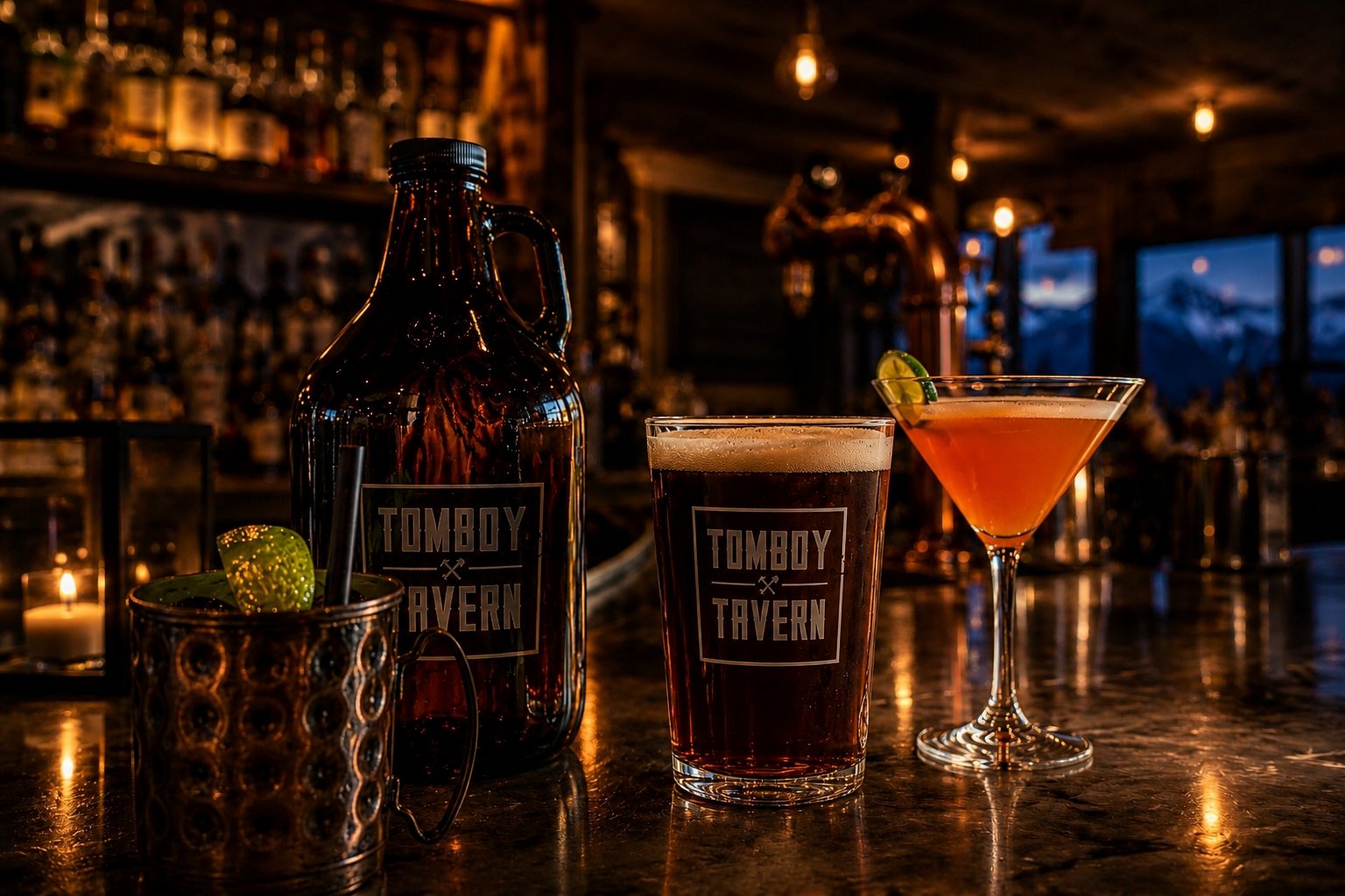 Tomboy Tavern branded growler, beer, and cocktail on the bar