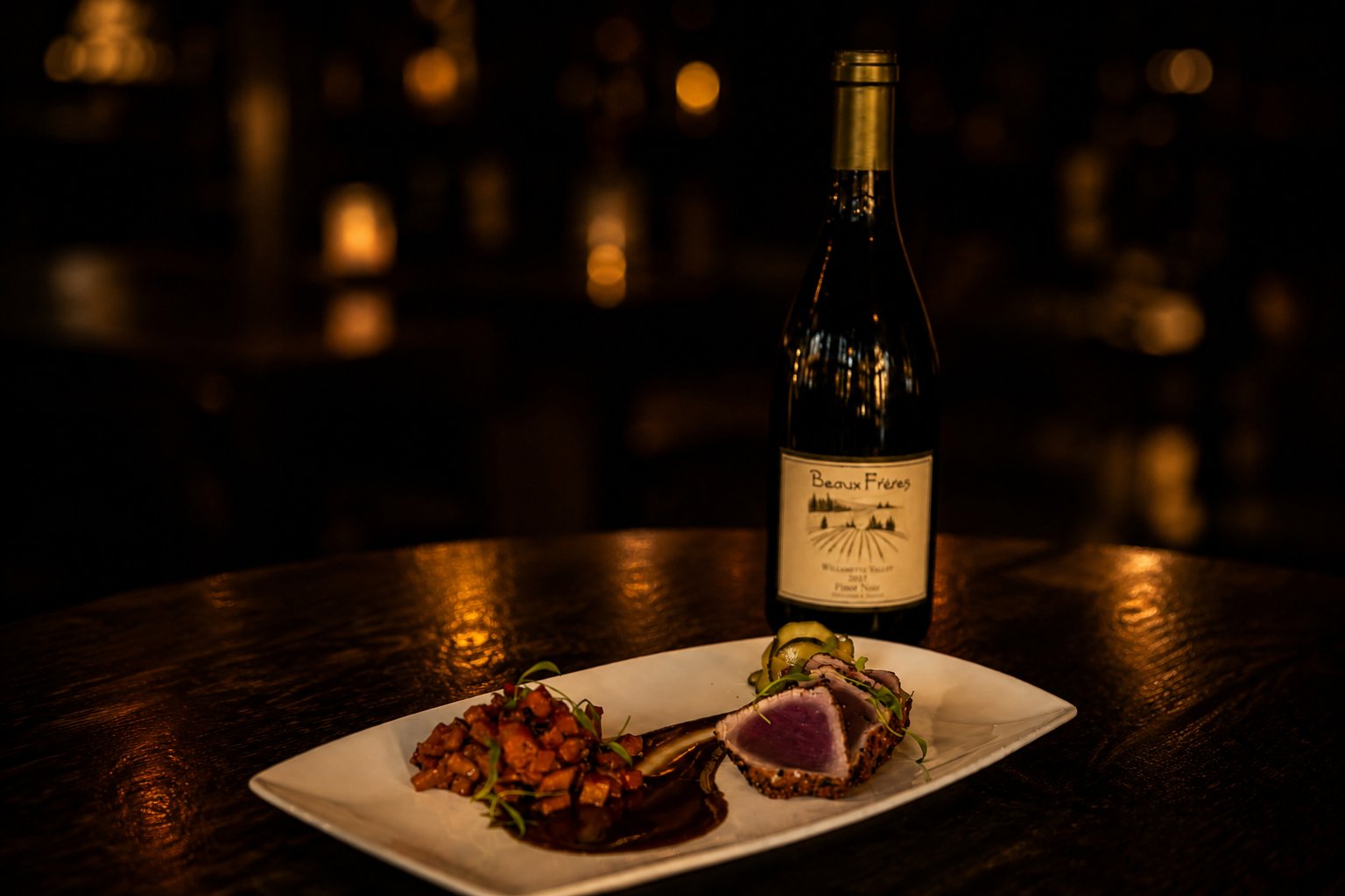 Seared ahi tuna with Beaux Frères Pinot Noir at Tomboy Tavern