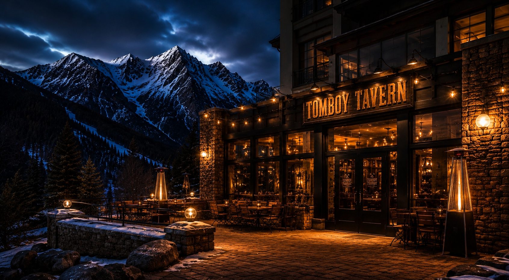 Tomboy Tavern exterior at dusk, base of Lift 4, Mountain Village