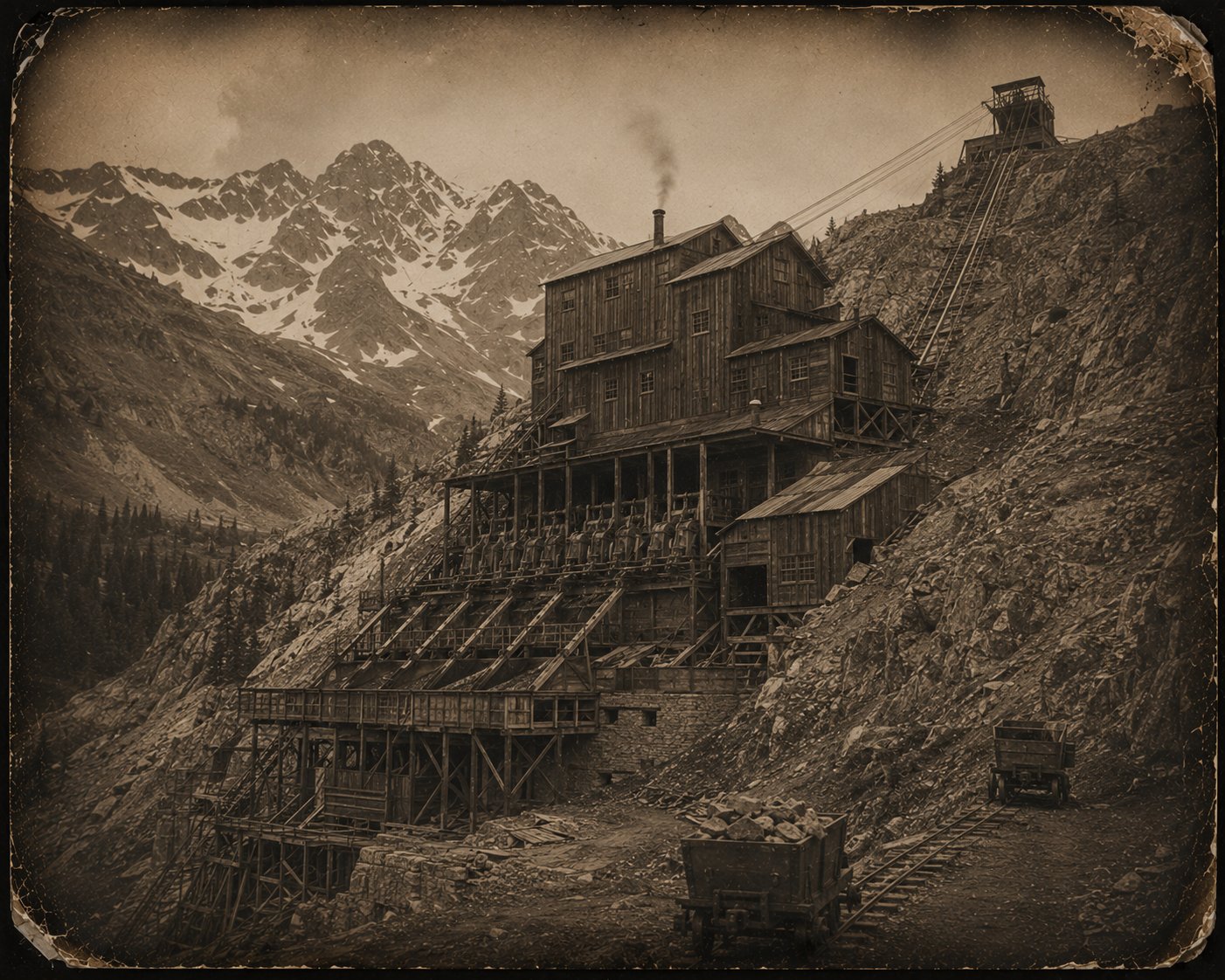 Historic Tomboy Mine stamp mill built into the mountainside, vintage photograph
