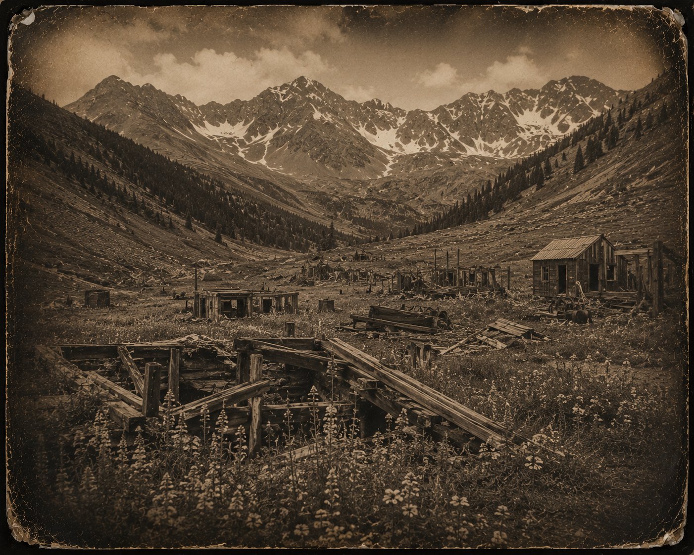 Abandoned ghost town ruins at Tomboy Mine with wildflowers, vintage photograph