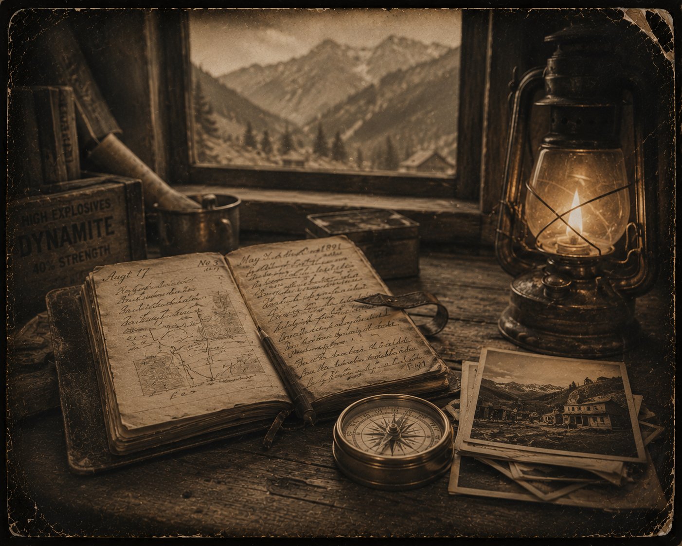 Vintage journal, compass, photographs, and lantern on a wooden desk