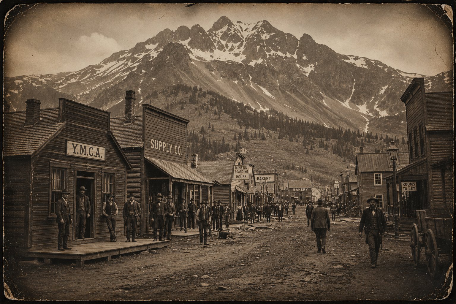 Tomboy mining camp street with Y.M.C.A. and Supply Co. buildings, vintage photograph