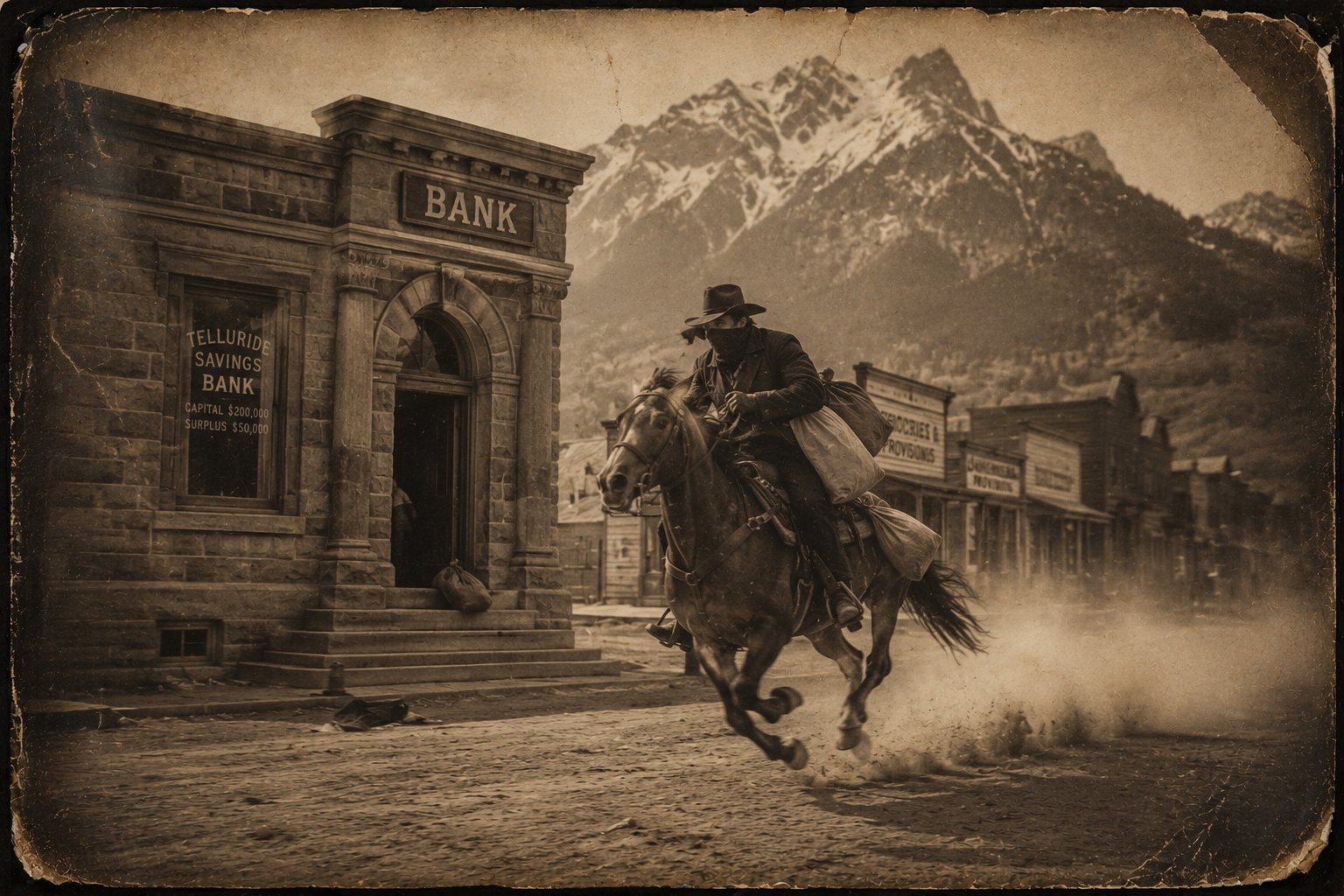 Vintage depiction of an outlaw's getaway on horseback past a Telluride bank