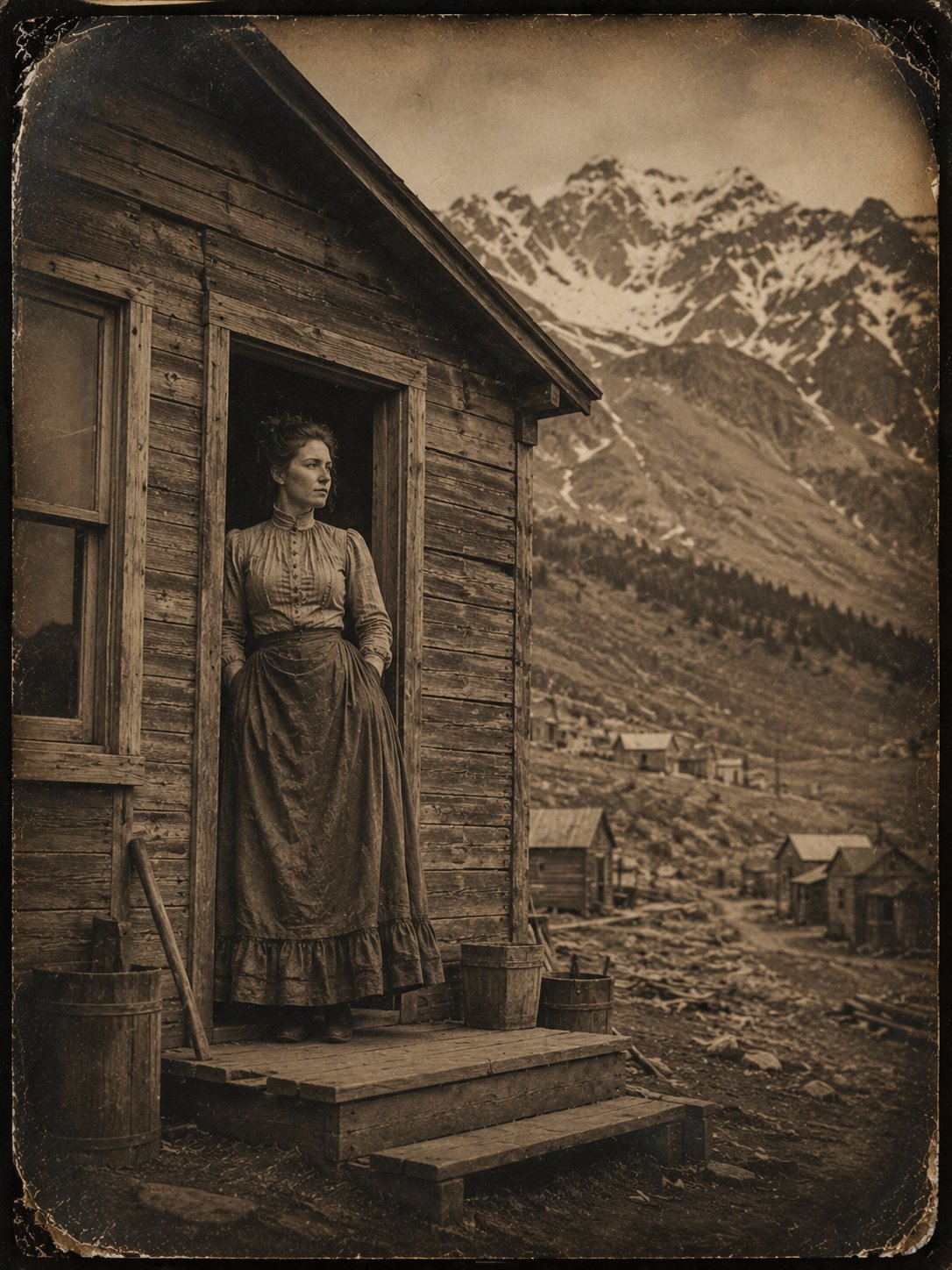 Woman standing in a mining cabin doorway at Tomboy, vintage photograph