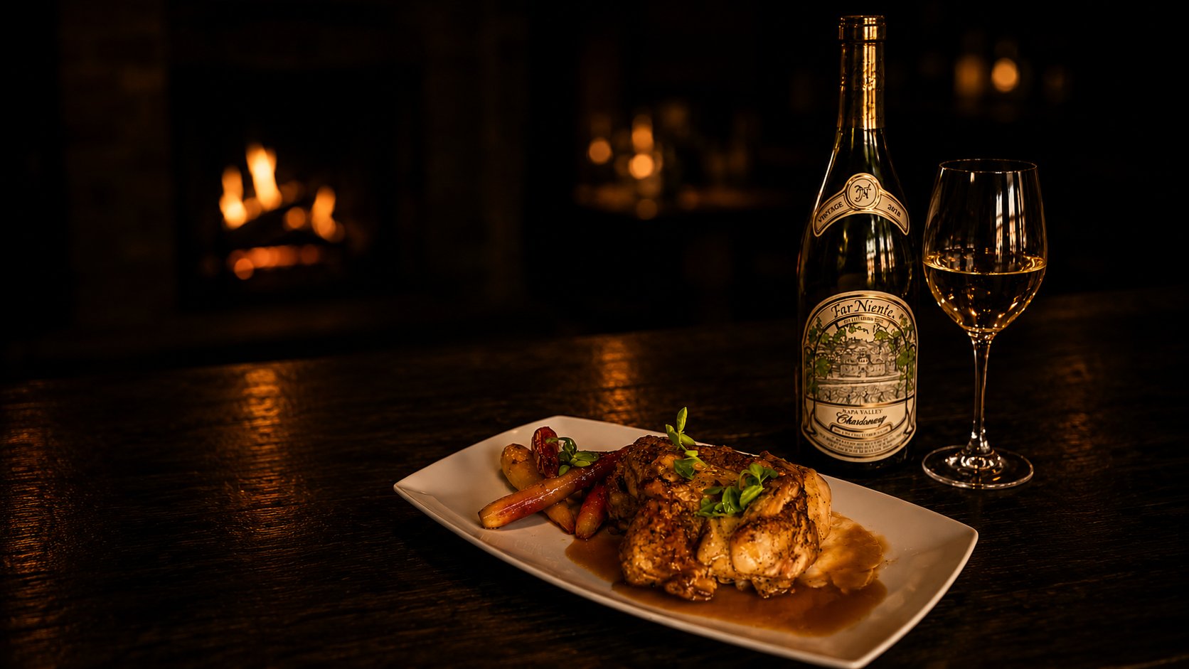 Pan seared half chicken with Far Niente Chardonnay by the fireplace at Tomboy Tavern