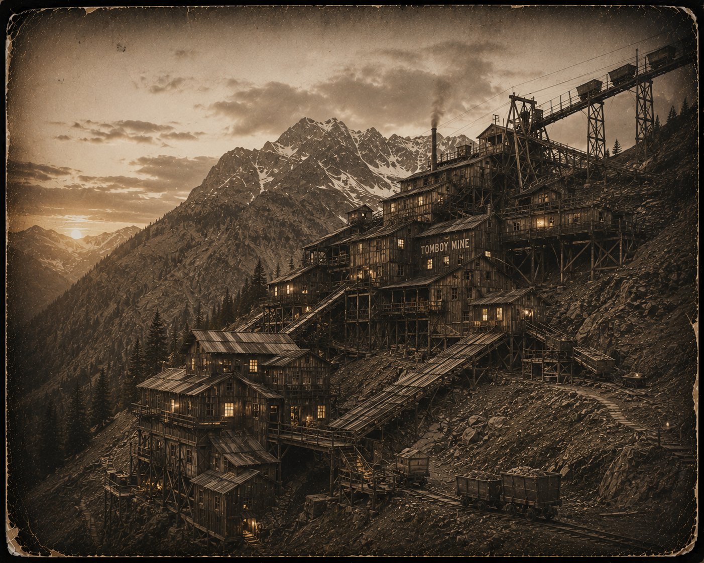 Historic Tomboy Mine mill complex and tunnel entrance with ore carts, vintage photograph