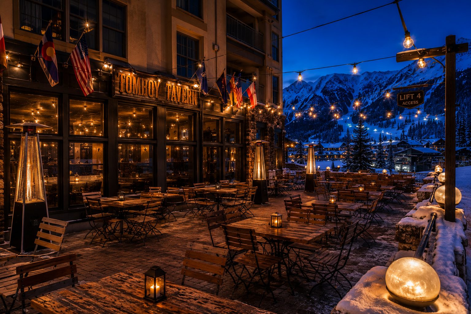 Tomboy Tavern patio at dusk, base of Lift 4, Mountain Village