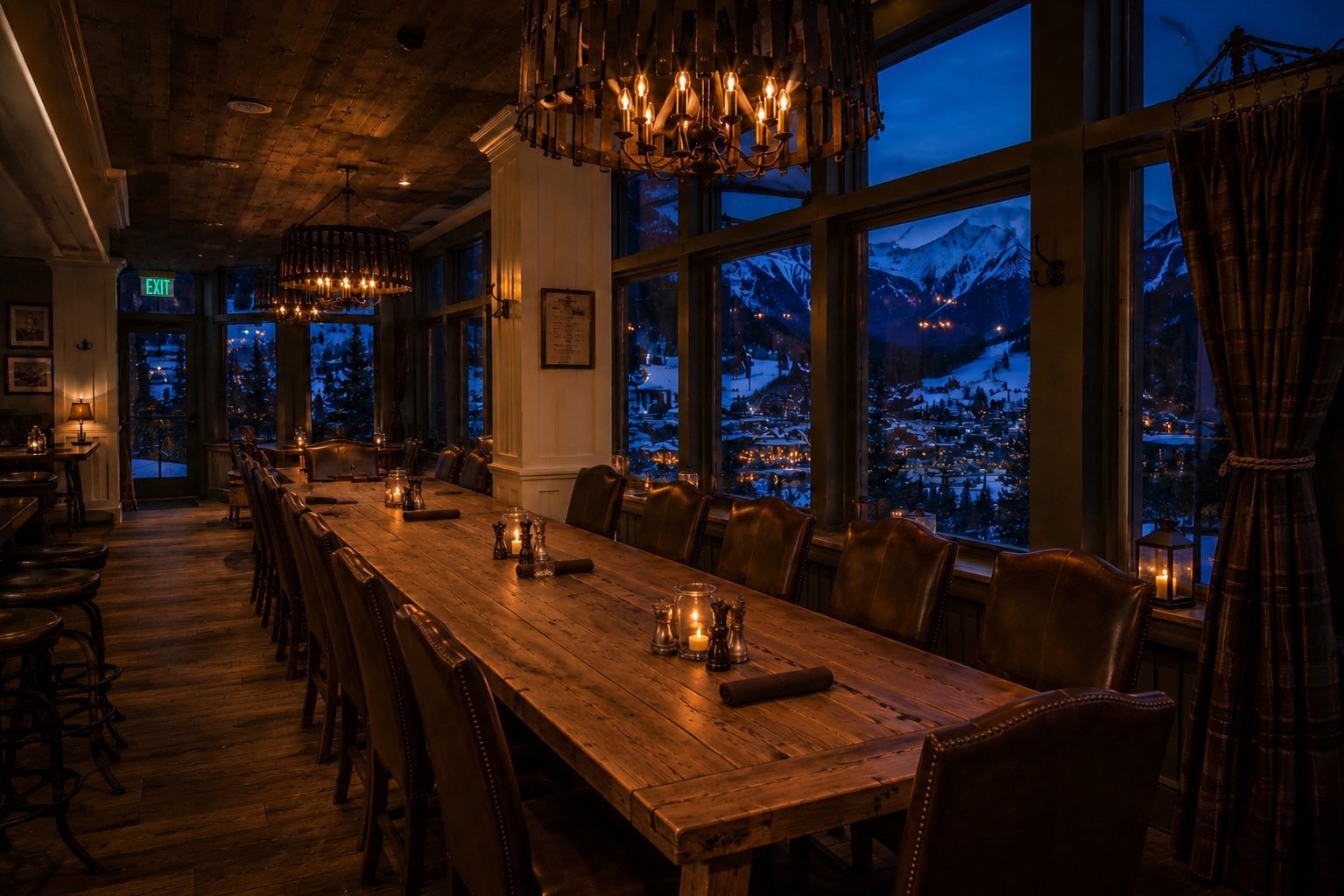 Long dining table set for a private event at Tomboy Tavern with town view